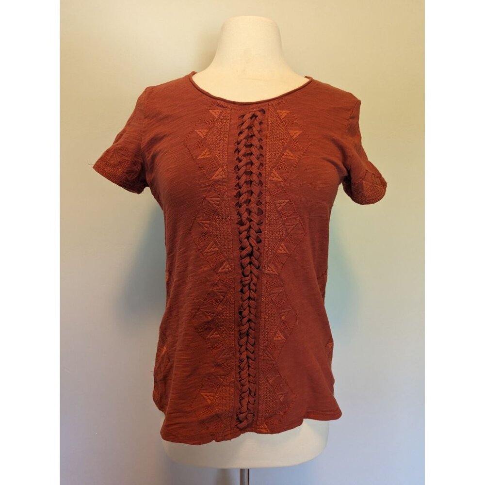Rust Orange Top With Braided & Geometric Embroidery Design By Mur Mur - Size S